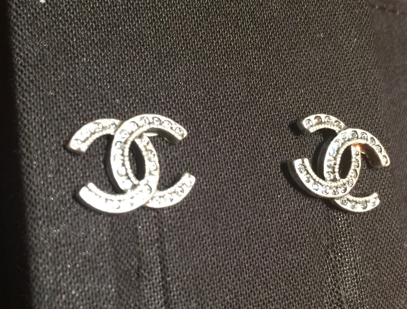 Sold-CHANEL CC Rhinestones Earrings/Aged Silver