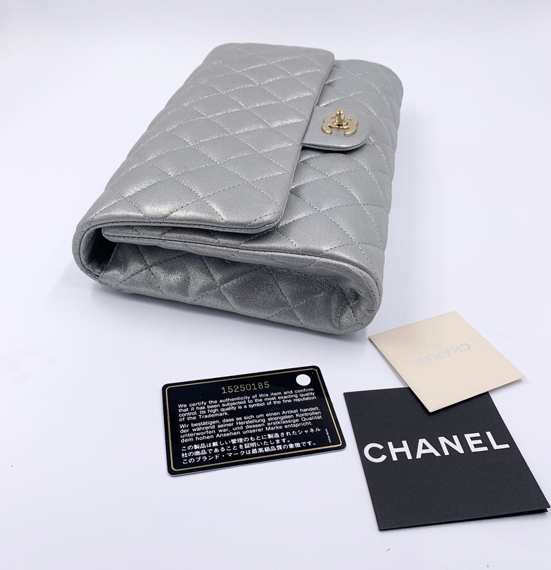 Sold-CHANEL Classic Quilted Flap Metallic Silver Calfskin Shoulder Bag/Clutch