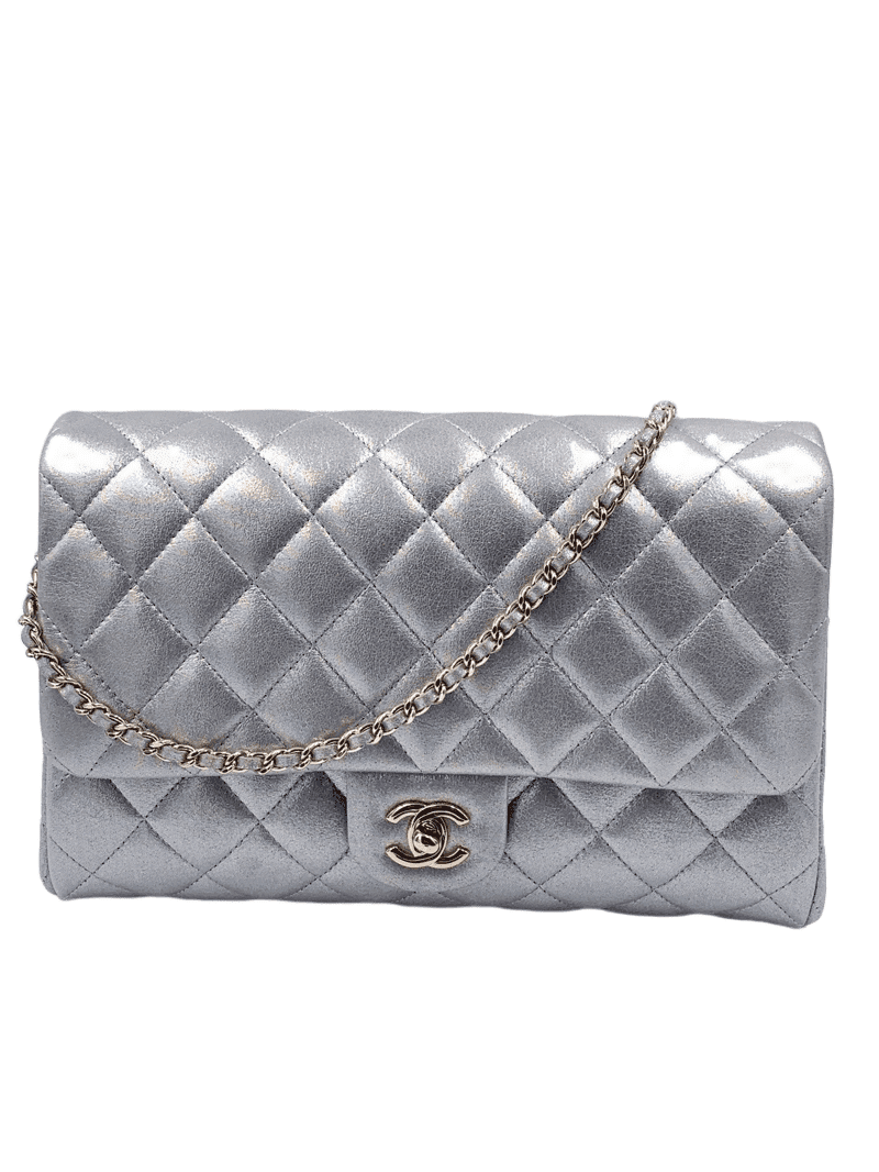 Sold-CHANEL Classic Quilted Flap Metallic Silver Calfskin Shoulder Bag/Clutch