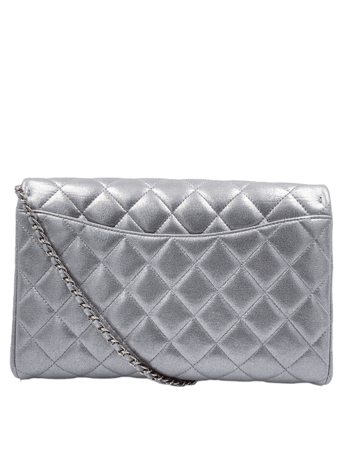 Sold-CHANEL Classic Quilted Flap Metallic Silver Calfskin Shoulder Bag/Clutch