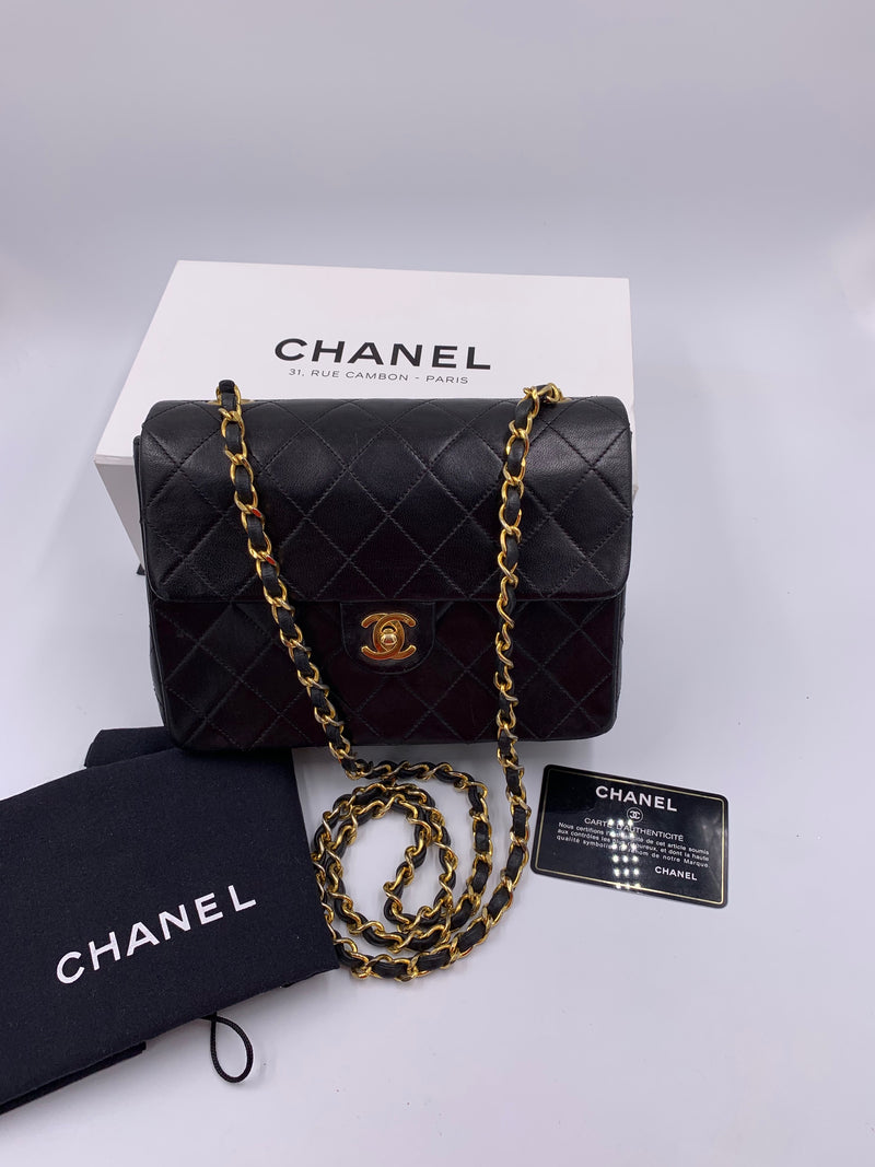 Sold-CHANEL Classic Lambskin Chain Mini Square Flap Bag black/gold