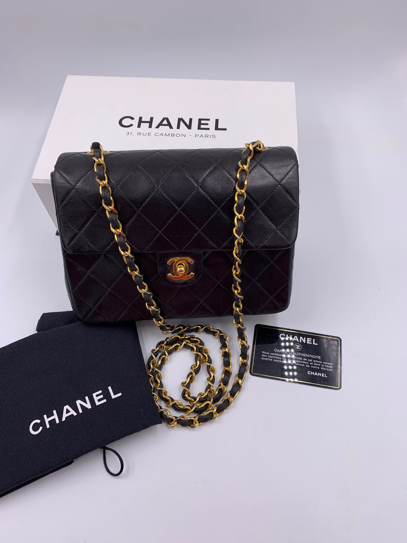 Sold-CHANEL Classic Lambskin Chain Mini Square Flap Bag black/gold