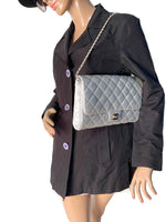 Sold-CHANEL Classic Quilted Flap Metallic Silver Calfskin Shoulder Bag/Clutch