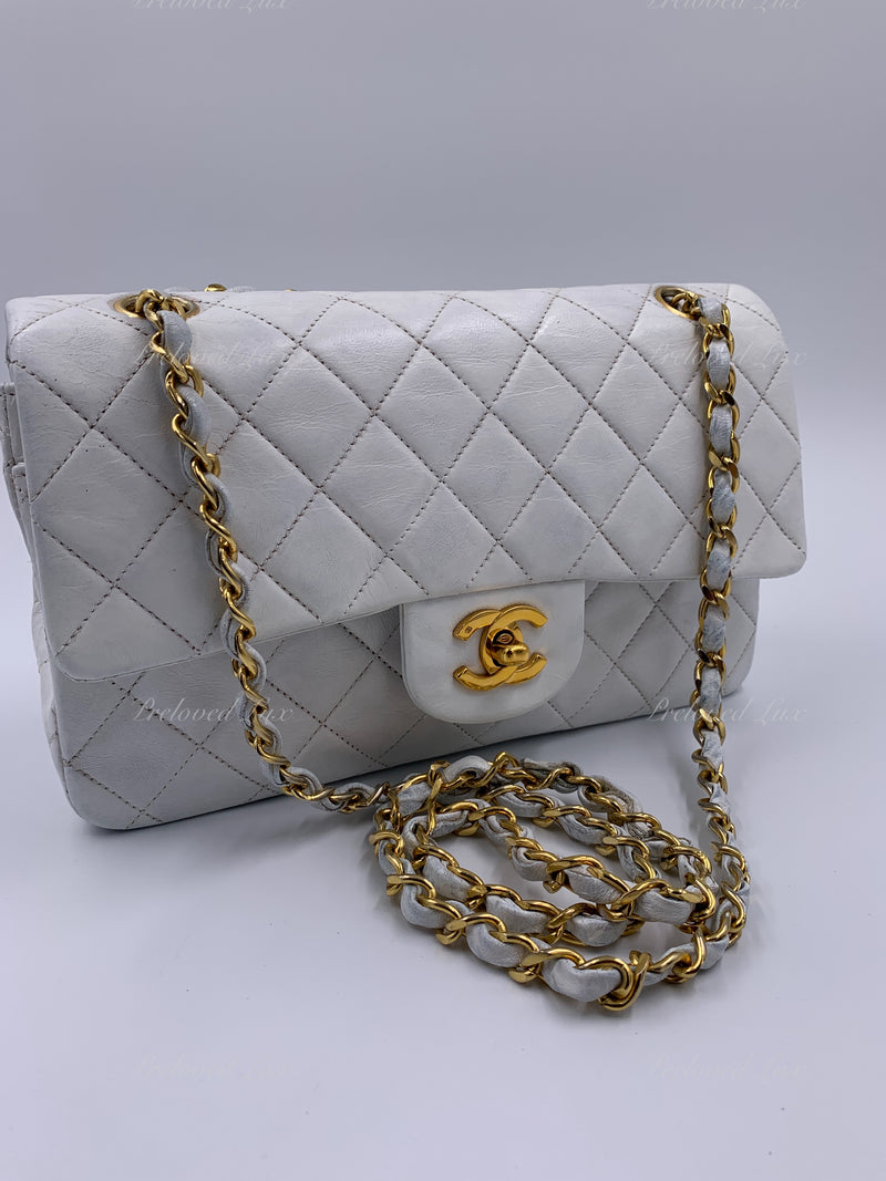 Sold-CHANEL Small Classic Double Flap Bag White with Gold Hardware