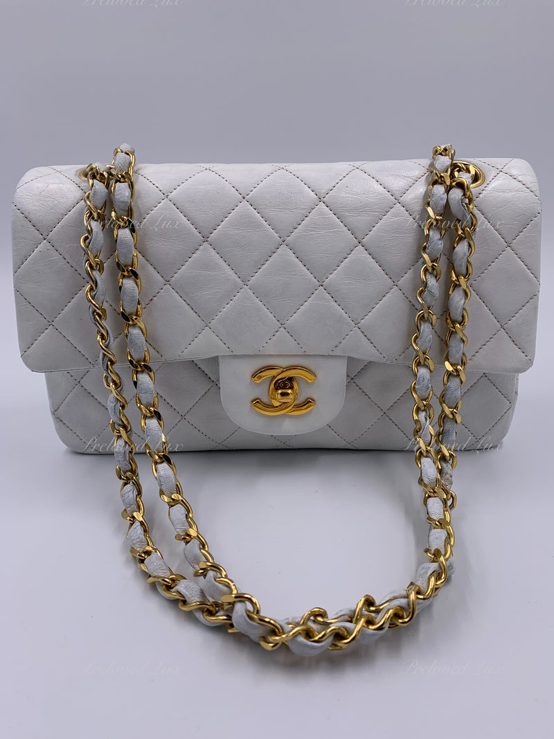 Sold-CHANEL Small Classic Double Flap Bag White with Gold Hardware