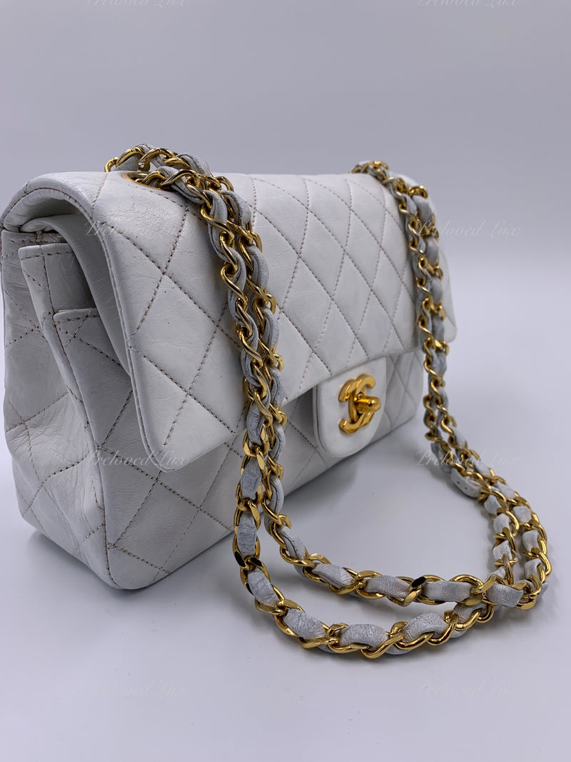 Sold-CHANEL Small Classic Double Flap Bag White with Gold Hardware