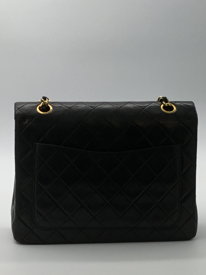 Sold-CHANEL Classic Lambskin Double Chain Double Flap Bag Medium black/gold