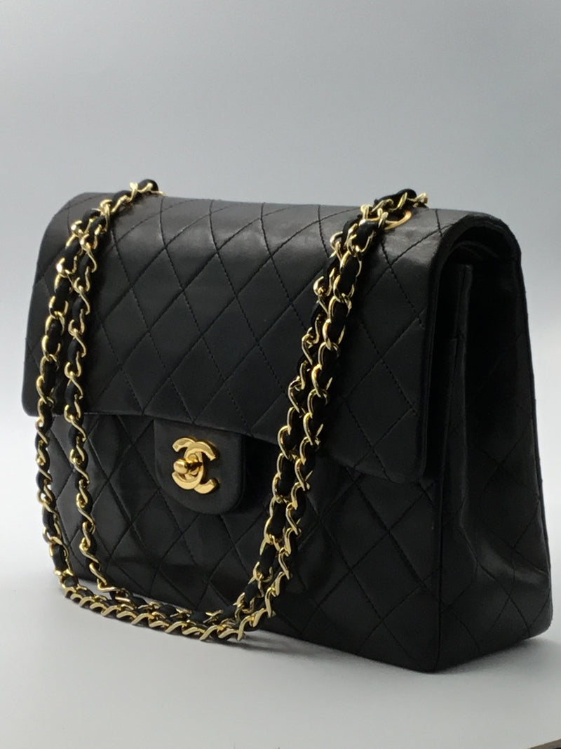 Sold-CHANEL Classic Lambskin Double Chain Double Flap Bag Medium black/gold