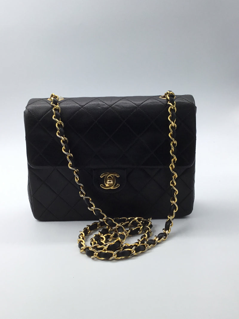 Sold-CHANEL Classic Lambskin Chain Mini Square Flap Bag black/gold