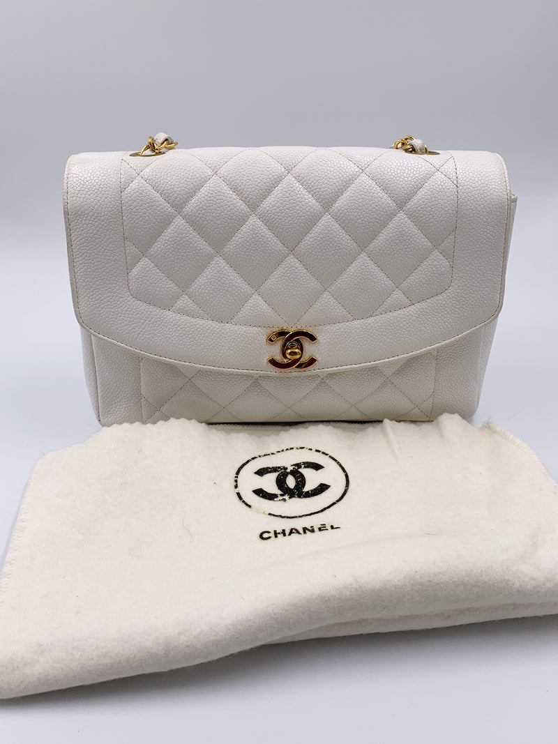 Chanel white caviar medium Diana bag with gold plated hardware vintage