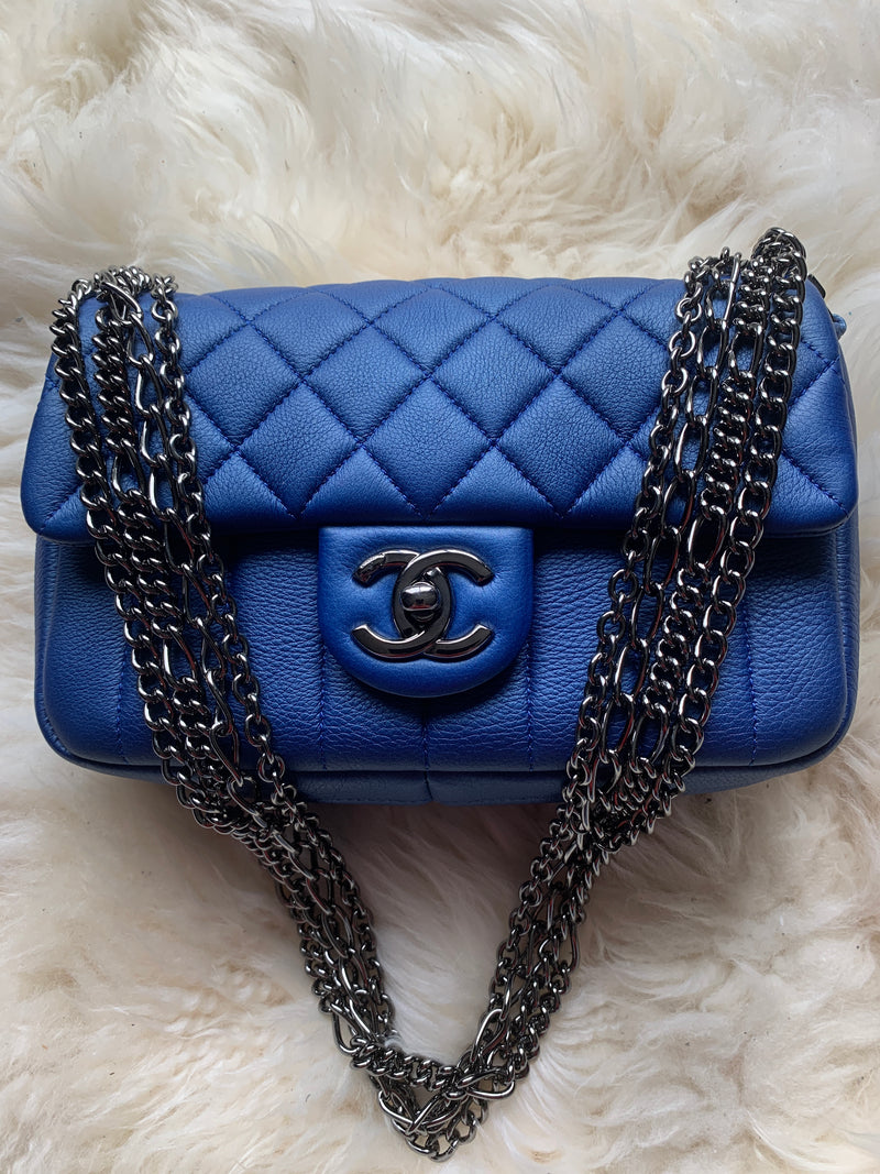 CHANEL CC Calfskin Blue Mini Flap Shoulder Bag/Ruthenium Hardware