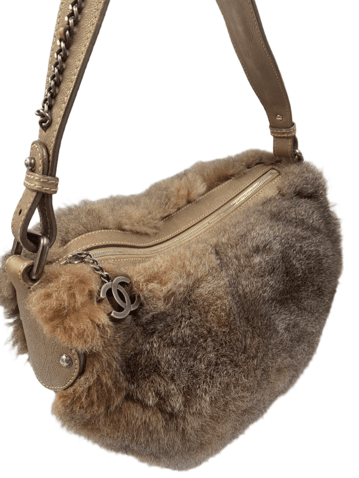 CHANEL Outdoor Ligne Hobo Fur with Leather Medium grey brown shoulder bag