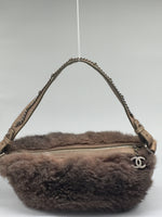 Sold-CHANEL Outdoor Ligne Hobo Fur with Leather Medium grey/brown