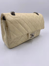 CHANEL Beige Calfskin Double Flap Shoulder Bag Silver Hardware