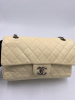 CHANEL Beige Calfskin Double Flap Shoulder Bag Silver Hardware