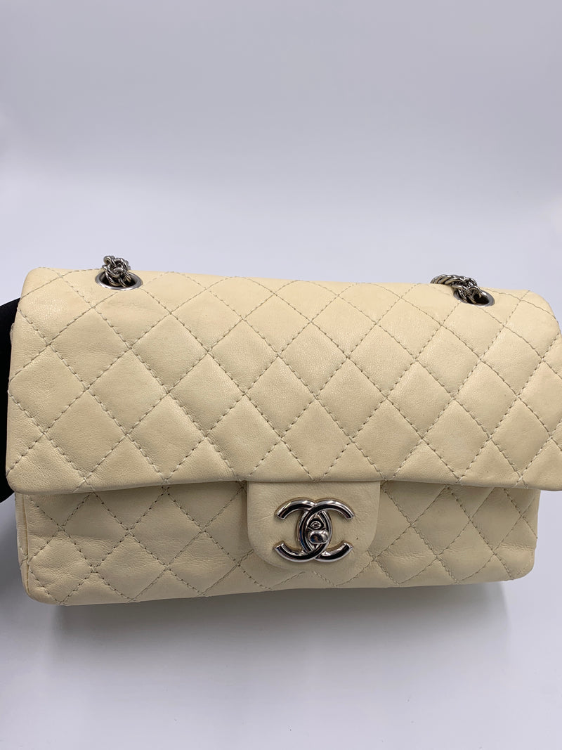 CHANEL Beige Calfskin Double Flap Shoulder Bag Silver Hardware