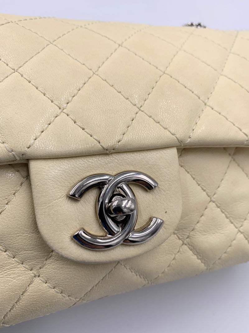 CHANEL Beige Calfskin Double Flap Shoulder Bag Silver Hardware