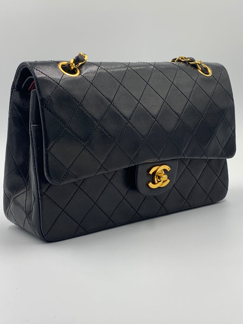 Sold-CHANEL Lambskin Double Chain Double Medium Flap Bag black/gold