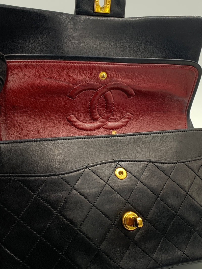 Sold-CHANEL Lambskin Double Chain Double Medium Flap Bag black/gold