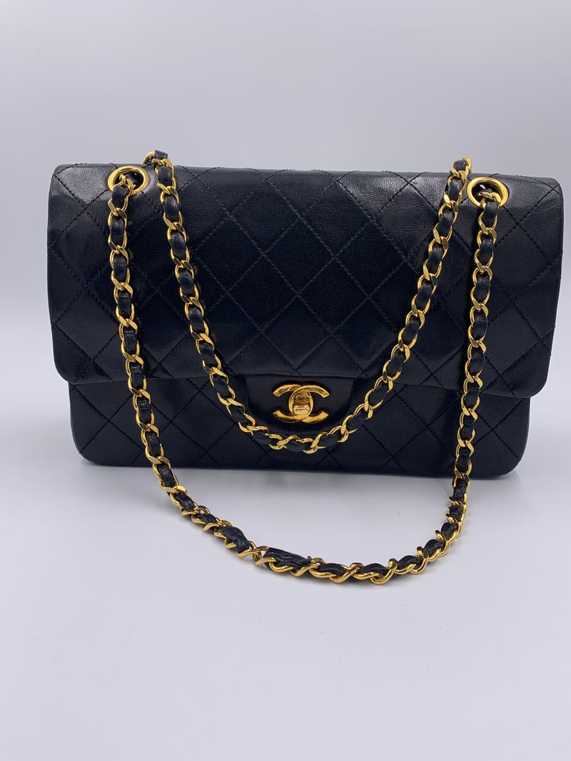 Sold-CHANEL Lambskin Double Chain Double Medium Flap Bag black/gold