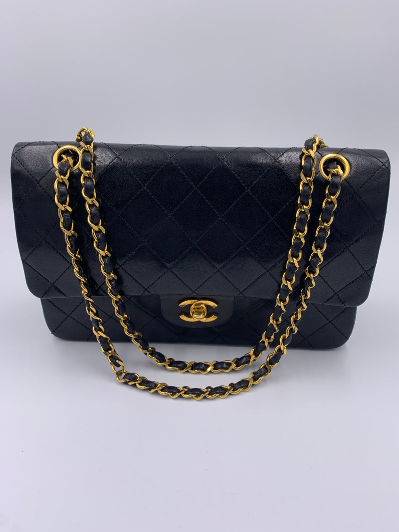 Sold-CHANEL Lambskin Double Chain Double Medium Flap Bag black/gold