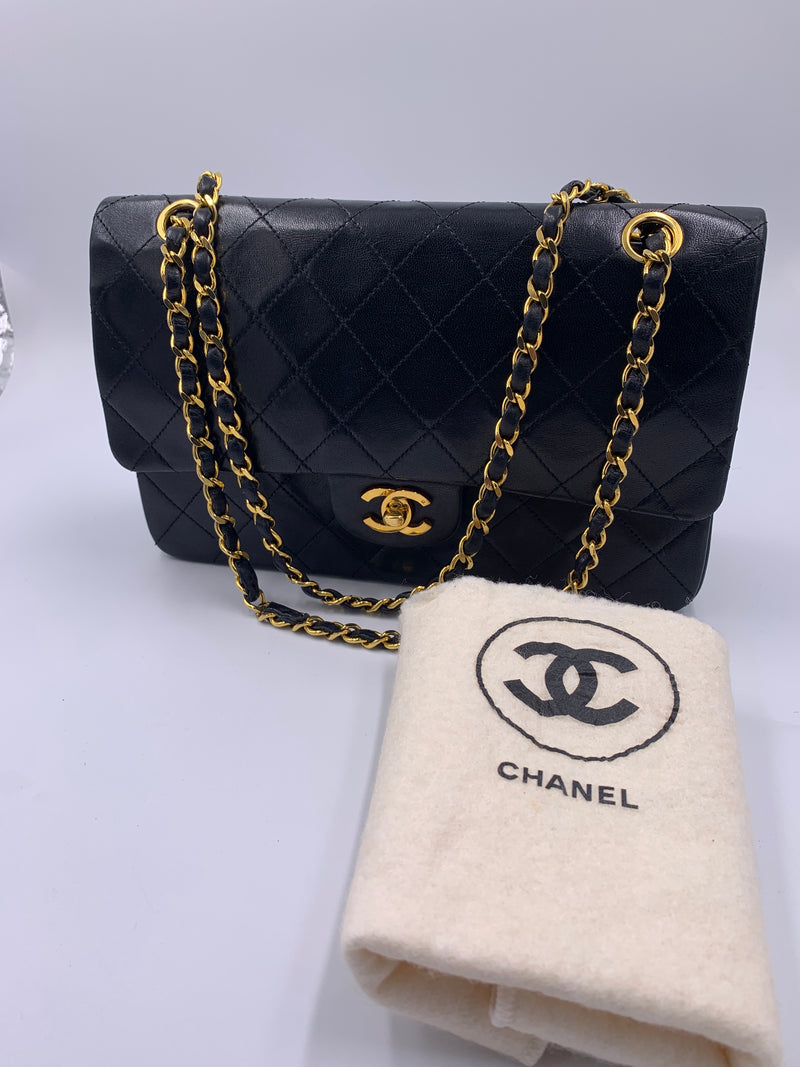 Sold-CHANEL Lambskin Double Chain Double Medium Flap Bag black/gold