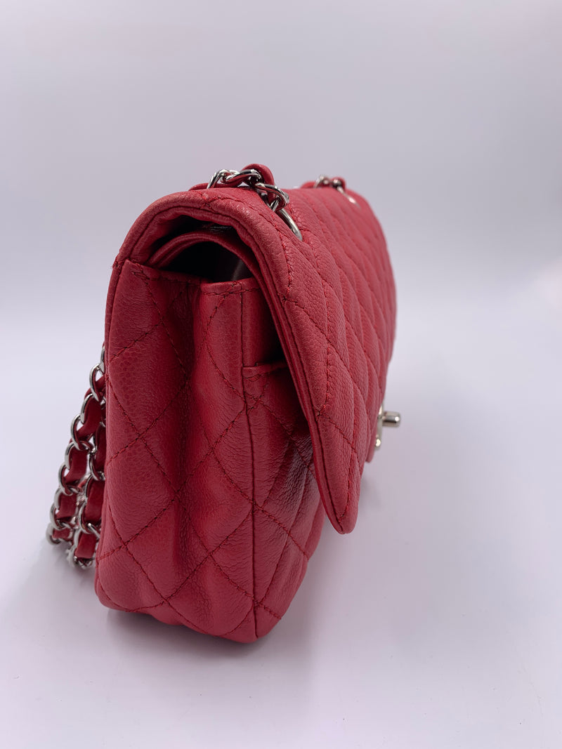 CHANEL Caviar Red Double Flap Shoulder Bag Silver Hardware