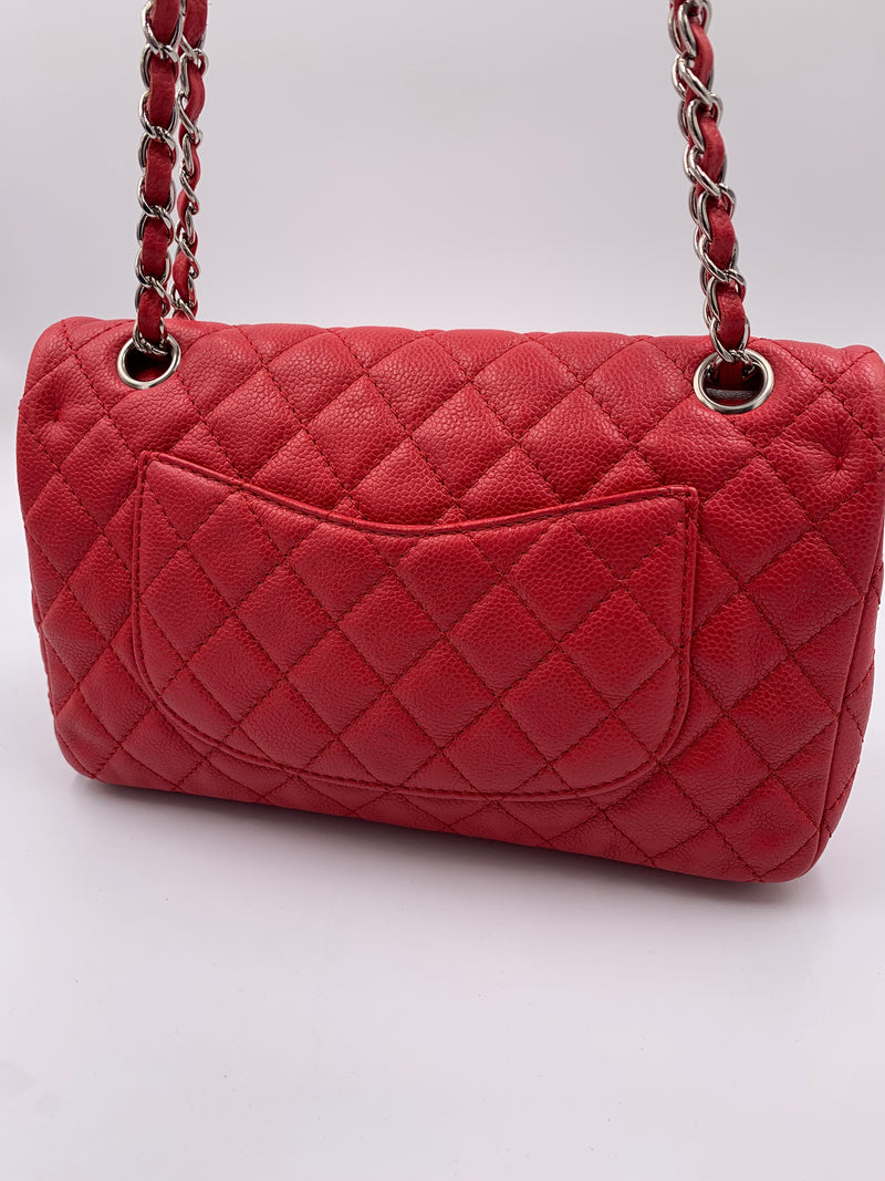 CHANEL Caviar Red Double Flap Shoulder Bag Silver Hardware