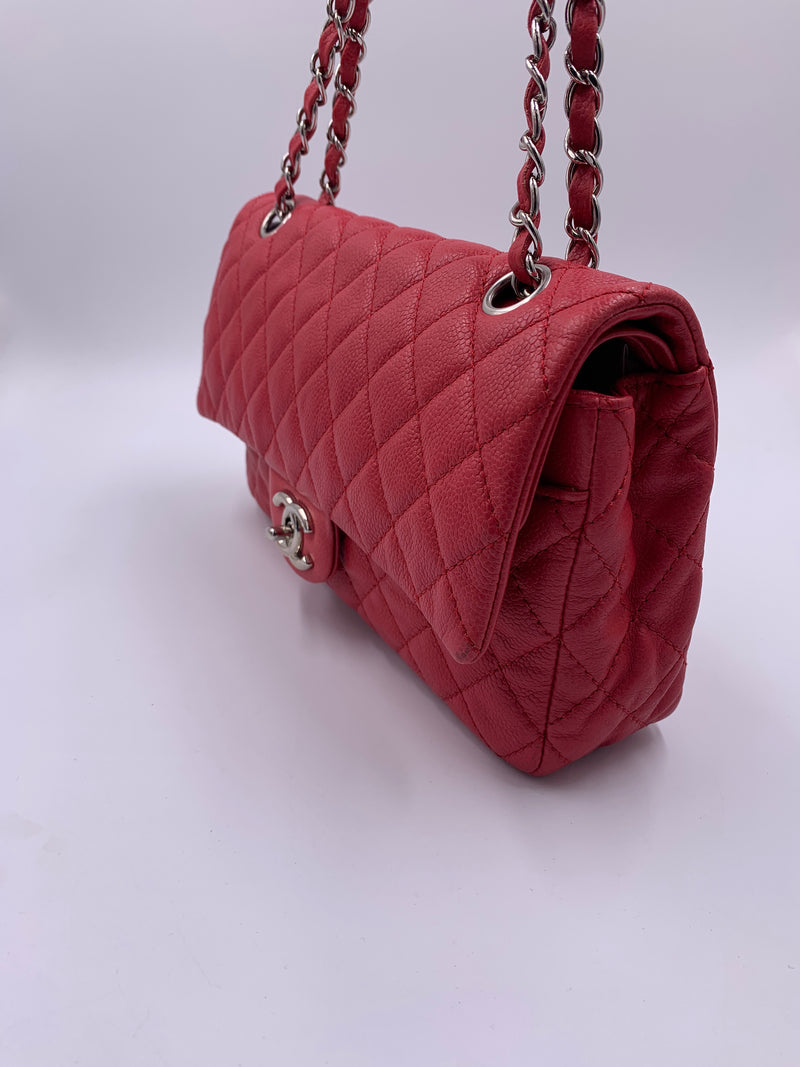 CHANEL Caviar Red Double Flap Shoulder Bag Silver Hardware