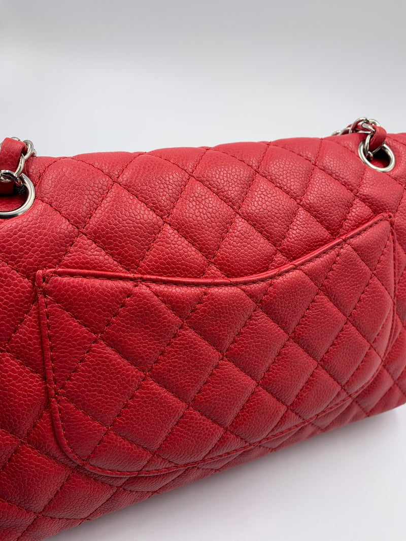 CHANEL Caviar Red Double Flap Shoulder Bag Silver Hardware