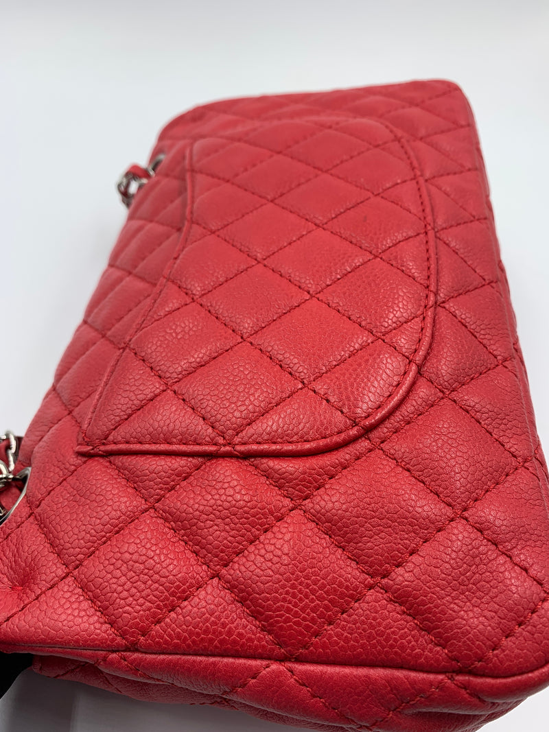 CHANEL Caviar Red Double Flap Shoulder Bag Silver Hardware