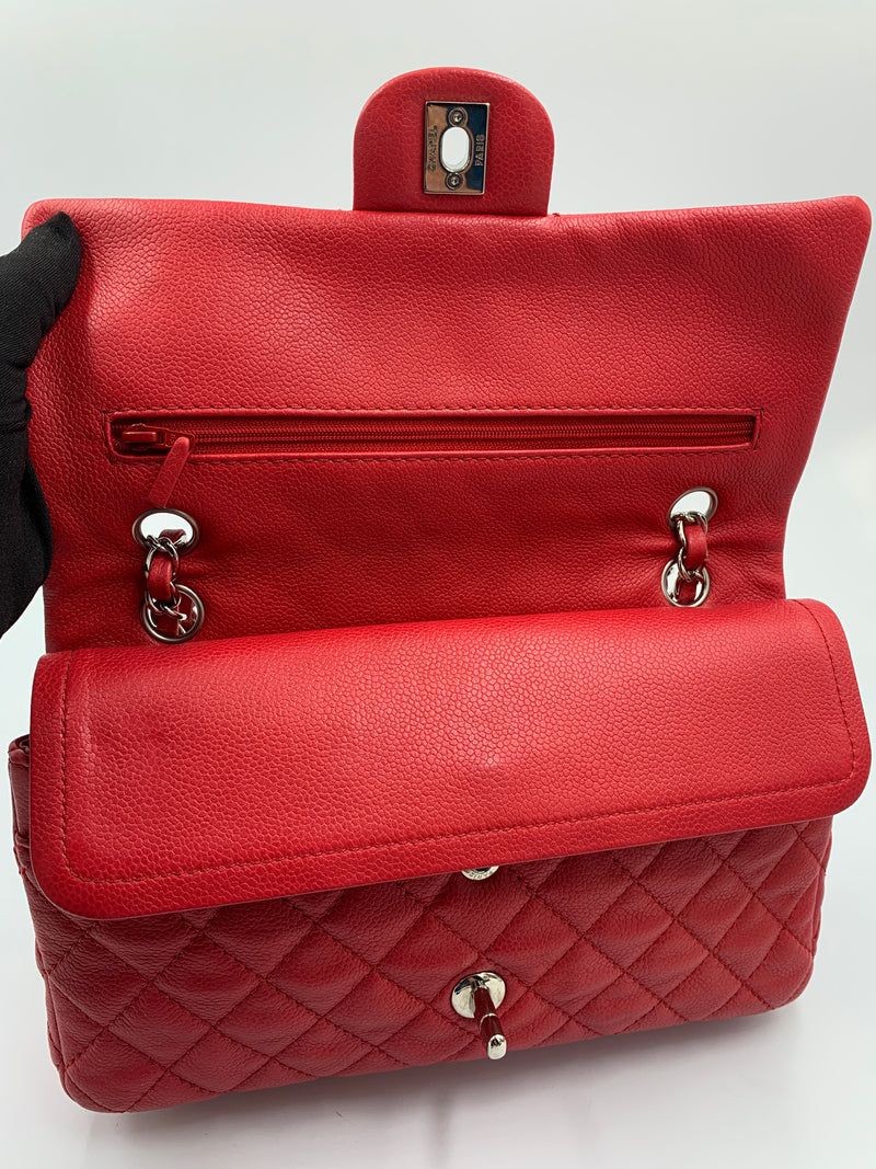 CHANEL Caviar Red Double Flap Shoulder Bag Silver Hardware