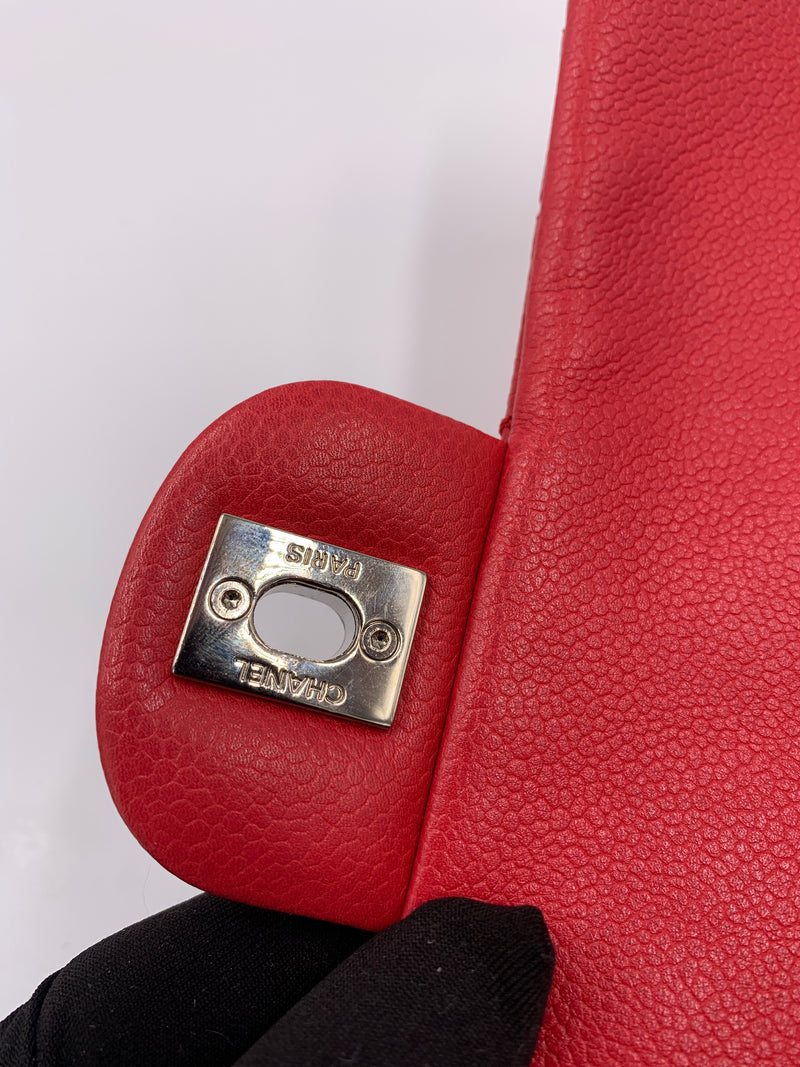 CHANEL Caviar Red Double Flap Shoulder Bag Silver Hardware