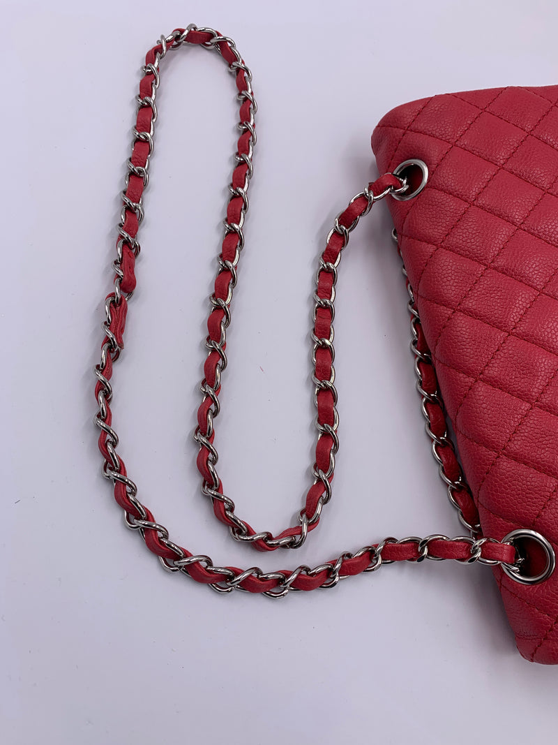 CHANEL Caviar Red Double Flap Shoulder Bag Silver Hardware