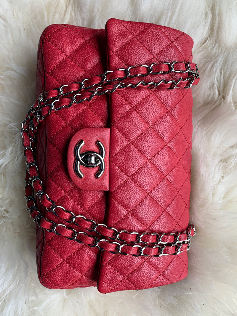 CHANEL Caviar Red Double Flap Shoulder Bag Silver Hardware