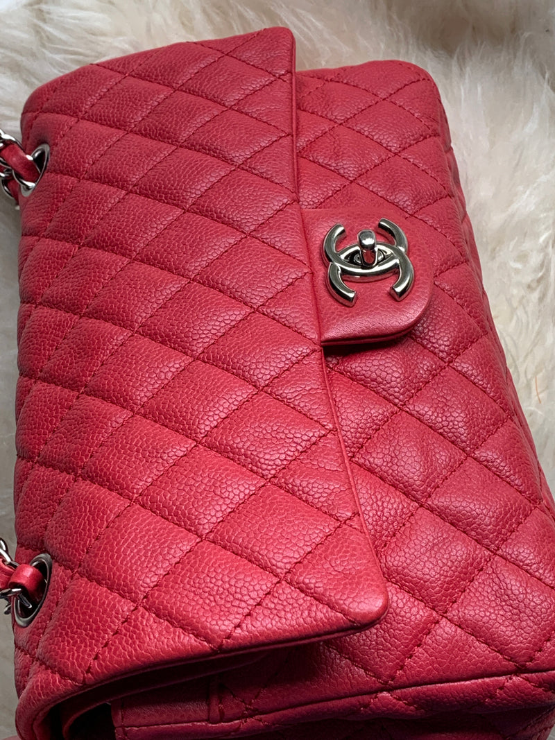 CHANEL Caviar Red Double Flap Shoulder Bag Silver Hardware