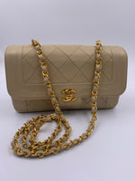 Sold-CHANEL Vintage Lambskin Single Flap Border Tab Small Crossbody Bag Beige/gold hardware