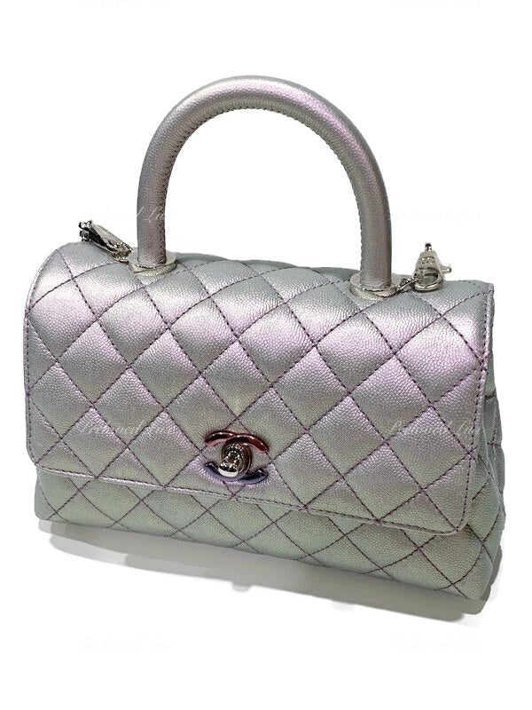 Sold-CHANEL Classic Iridescent Purple Caviar Small Coco Handle Bag in Silver Hardware