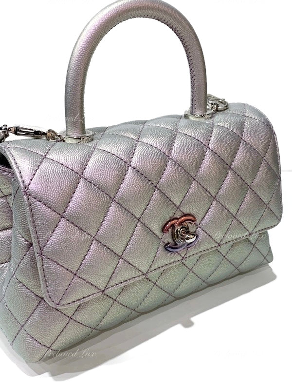 Sold-CHANEL Classic Iridescent Purple Caviar Small Coco Handle Bag in Silver Hardware