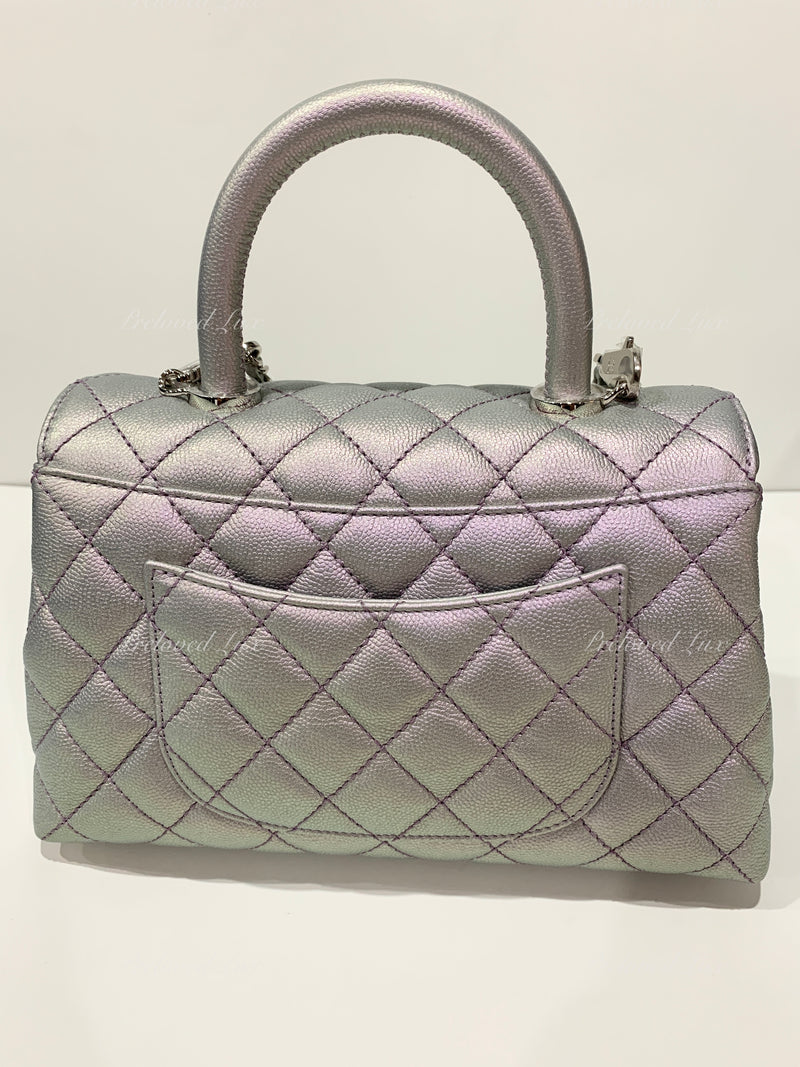 Sold-CHANEL Classic Iridescent Purple Caviar Small Coco Handle Bag in Silver Hardware