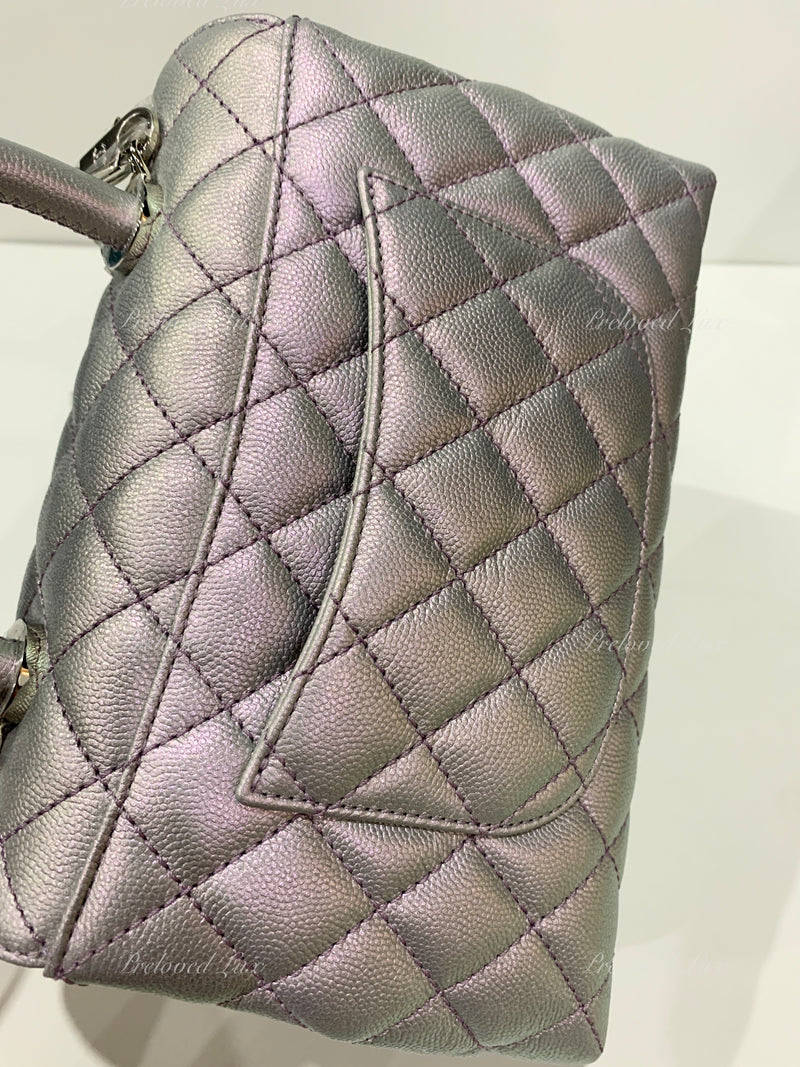 Sold-CHANEL Classic Iridescent Purple Caviar Small Coco Handle Bag in Silver Hardware