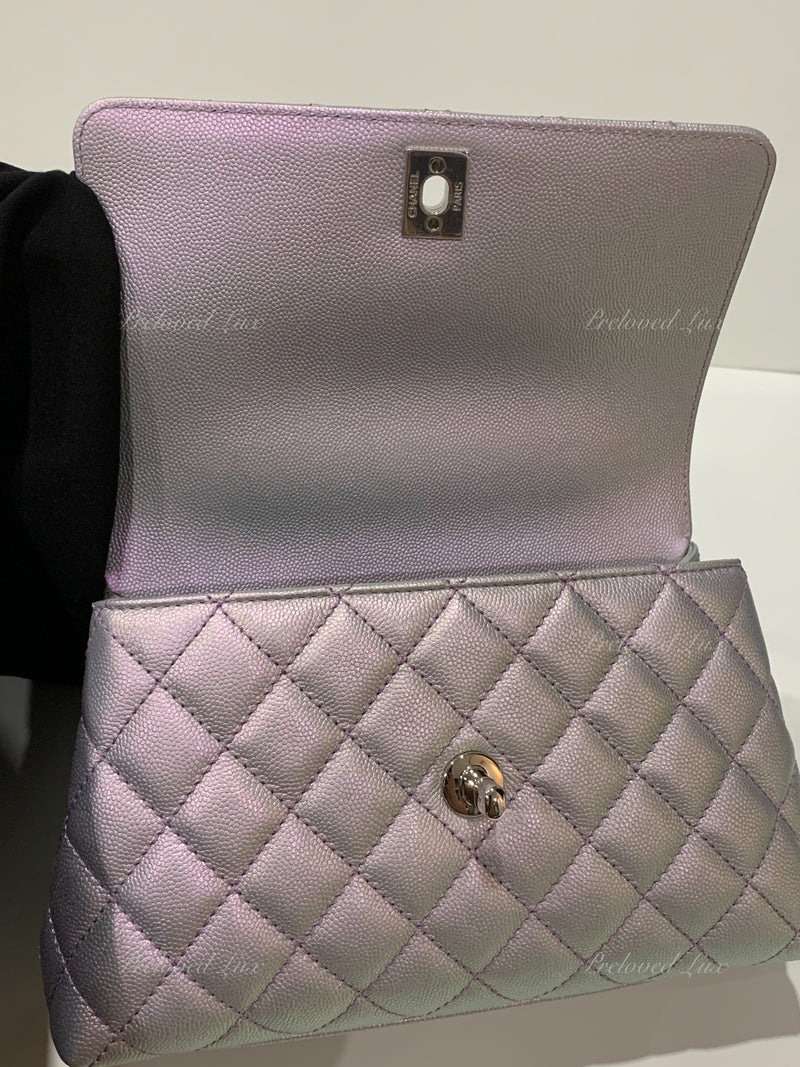 Sold-CHANEL Classic Iridescent Purple Caviar Small Coco Handle Bag in Silver Hardware