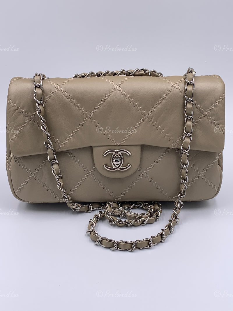 Sold-CHANEL Wild Stitch Quilted Seasonal Flap Bag Taupe light Grey Brown Color SHW