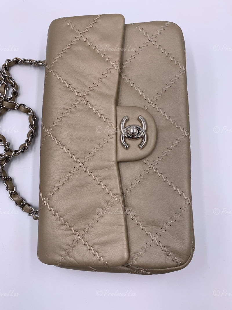 Sold-CHANEL Wild Stitch Quilted Seasonal Flap Bag Taupe light Grey Brown Color SHW