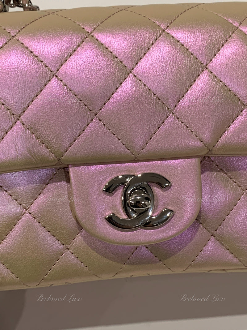 Sold-CHANEL Classic Iridescent Pink Calfskin Mini Rectangular Crossbody Bag in Silver Hardware