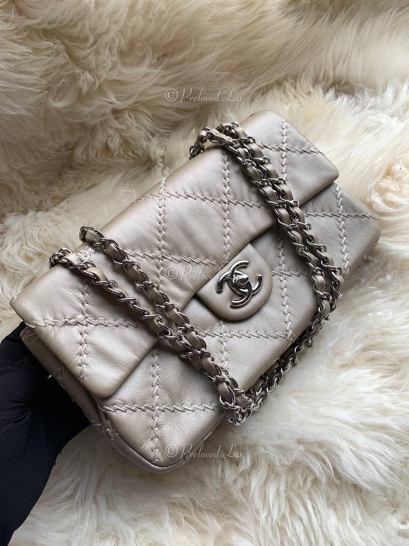 Sold-CHANEL Wild Stitch Quilted Seasonal Flap Bag Taupe light Grey Brown Color SHW