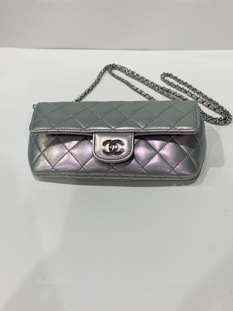 CHANEL Iridescent Purple Calfskin Mini Flap Crossbody Bag in Silver Hardware