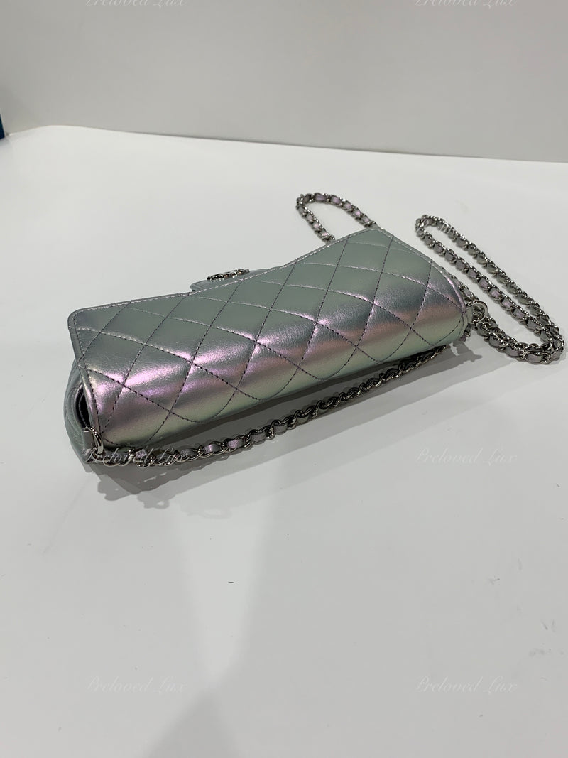 CHANEL Iridescent Purple Calfskin Mini Flap Crossbody Bag in Silver Hardware