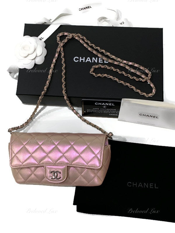 CHANEL Iridescent Pink Calfskin Mini Flap Crossbody Bag in Silver Hardware