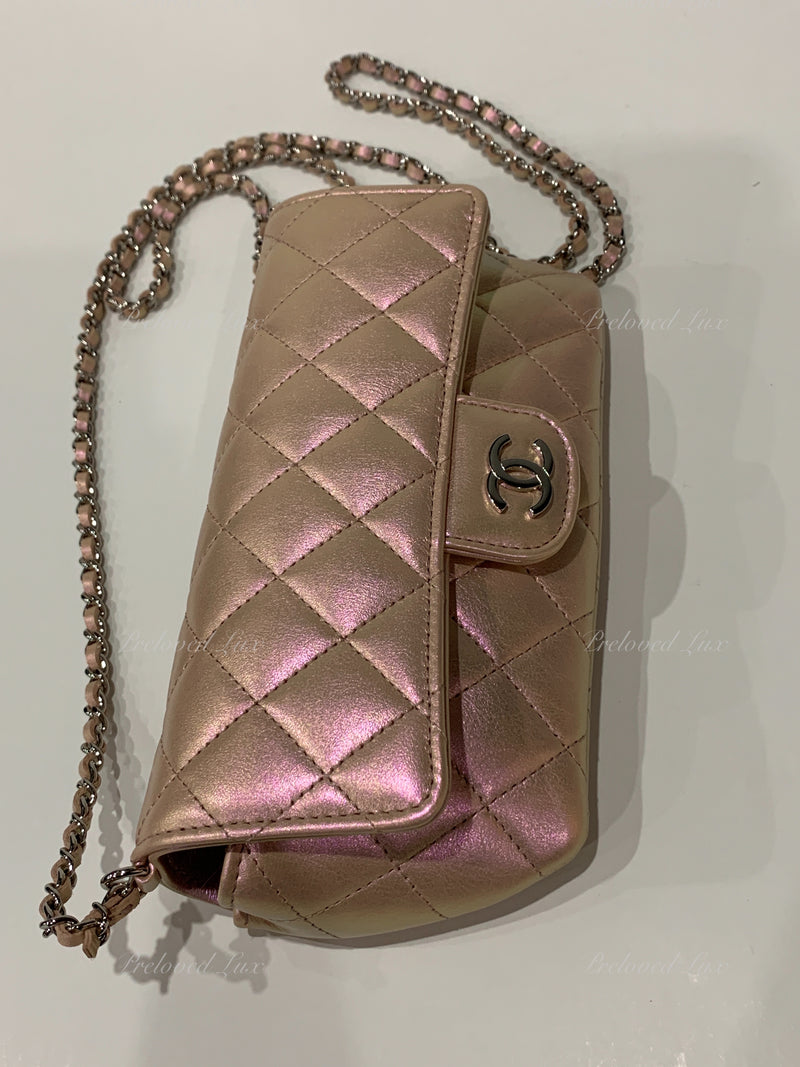 CHANEL Iridescent Pink Calfskin Mini Flap Crossbody Bag in Silver Hardware